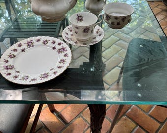 Royal Albert Sweet Violets tea set. Full service for 8 with tea pot and lid, creamer and sugar bowl.