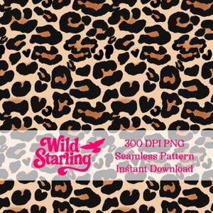Può includere: Motivo leopardato senza cuciture in nero, marrone e beige. Il design presenta macchie nere irregolari con accenti marroni su sfondo beige. L'immagine include il testo "Wild Starling" e "Seamless Pattern".