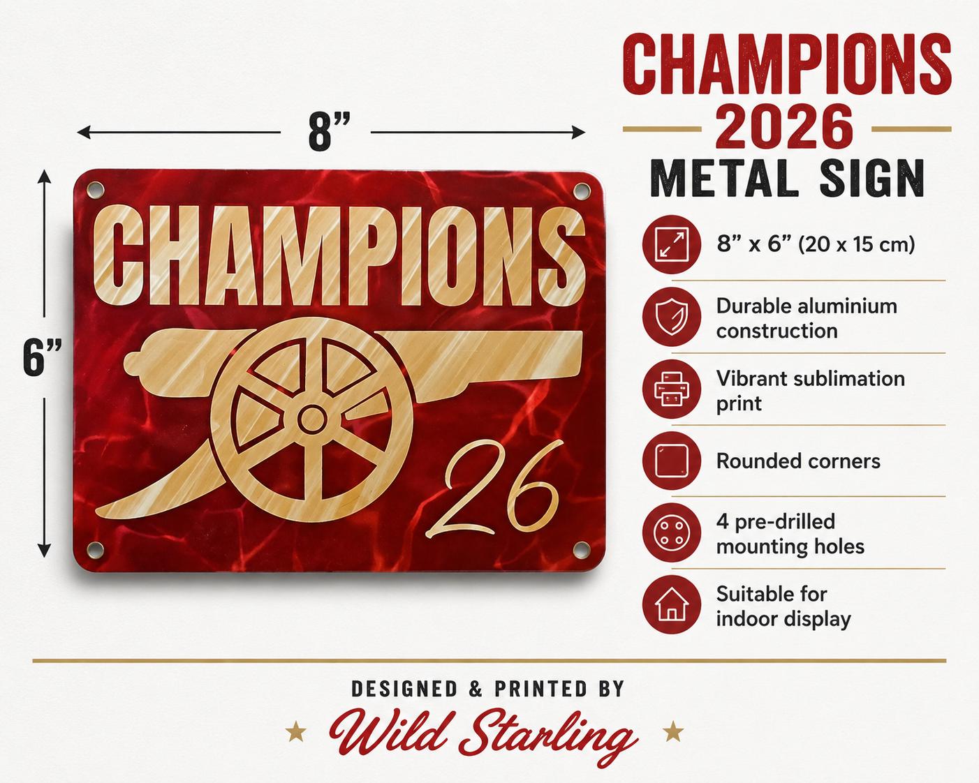 Champions 2026 Arsenal Metal Sign | Football Fan Wall Plaque | Red ...