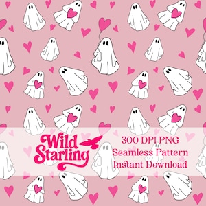 May include: Seamless pattern featuring white cartoon ghosts with pink hearts on a pink background. Some ghosts hold heart-shaped balloons. The text "Wild Starling" and "300 DPI PNG Seamless Pattern Instant Download" are also visible.