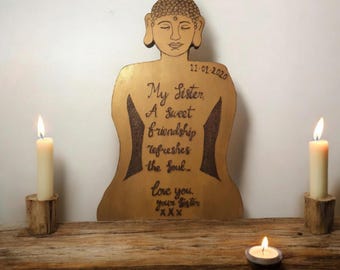 Personalised Buddha Wall Art, Custom Spiritual Gift, Meditation Decor, Memorial Plaque, Zen Home Decor, Handmade Gold Wooden Buddha