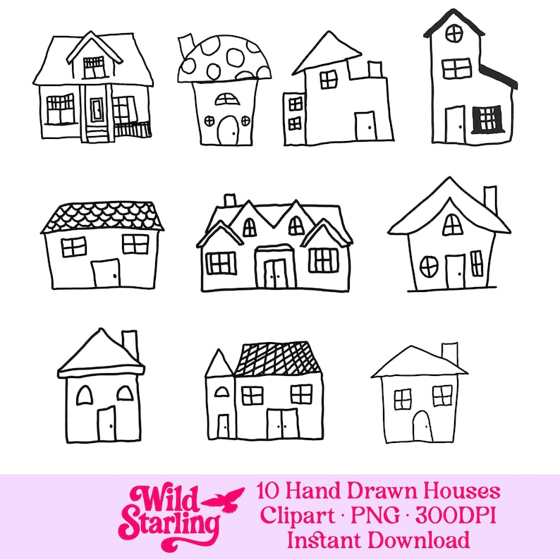 10 Hand Drawn Houses Clipart PNG Whimsical Cottage House Line Art ...