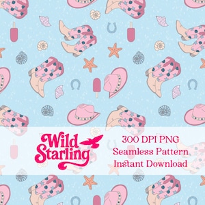 Coastal Cowgirl | Beach Theme, Western Style, Cowgirl Hat, Cowgirl Boots, Cowboy, Sea Shells Summer Seamless Pattern 300dpi 12x12 PNG