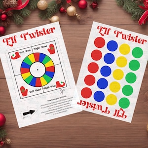 May include: Two printable Elf Twister game sheets. One sheet features a spinner with colored sections and instructions. The other sheet has rows of colored circles. Festive Christmas decorations surround the games.