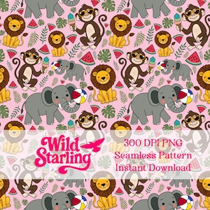 Safari Shenanigans | Pink - Lion, Elephant, Monkey, Summer Fun, Ice Cream, Beach Ball, Jungle Plants Kids Seamless Pattern 300dpi 12x12 PNG