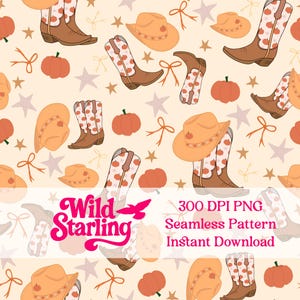 Pumpkin Patch Cowgirl Outono Estética Ocidental png Colheita de Outono Ação de Graças Papel para Scrapbook Rodeio Rústico Padrão Sem Costura 300dpi 12x12 PNG