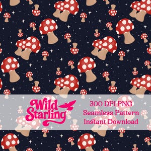 Moonlit Mushrooms | Mystical Shrooms Stars Nature Seamless Pattern 300dpi 12x12 PNG