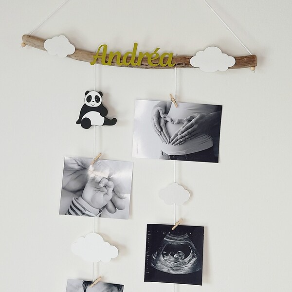 Décoration chambre bébé, pêle mêle, mobile, porte photos, liste naissance, pandas, nuages