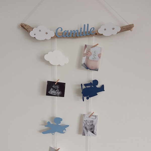 Birth list, pele mele, photo holder mobile, baby room, baby shower, plane, pilot, cloud