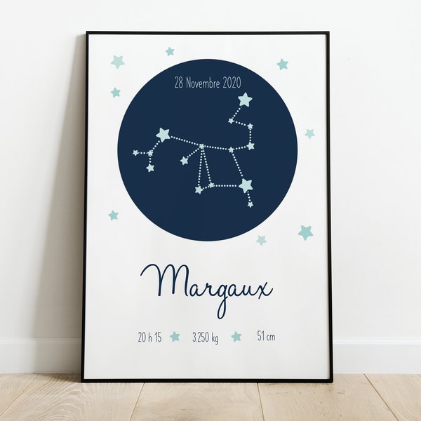 Affiche de naissance personnalisé prénom bébé constellation