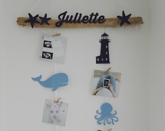 Pêle mêle, mobile porte photos,  idée cadeau liste naissance chambre bébé, baby shower,  phare, baleine, sous-marin, bois flotté ou hêtre