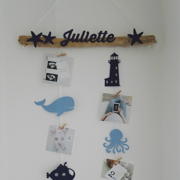 Mix and match, photo holder mobile, gift idea for baby room birth list, baby shower, lighthouse, whale, submarine, driftwood or beech