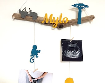 Mix and Match, Fotohalter aus Treibholz, Geburtsliste, Babyzimmer, Babyparty, Savanne, Dschungel, Giraffe, Elefant, Affe, Löwe,