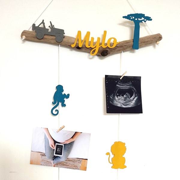 Mix and match, driftwood photo holder mobile, birth list, baby room, baby shower, savannah, jungle, giraffe, elephant, monkey, lion,