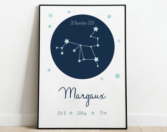 Personalized birth poster baby first name constellation