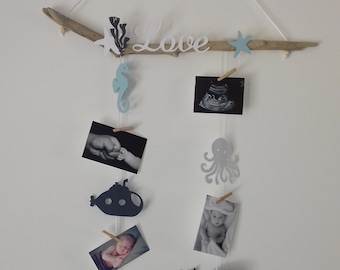 Cadeau Naissance Pêle mêle, mobile photos bois flotté - hêtre liste naissance chambre bébé baby shower, Décoration baleine hippocampe pieuvr