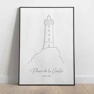 May include: A black and white line drawing of the Phare de la Vieille lighthouse on a white background. The lighthouse is located on a small island and is surrounded by water. The text "Phare de la Vieille" and the coordinates "48.0452&deg;N 4.7544&deg;E" are printed below the lighthouse.