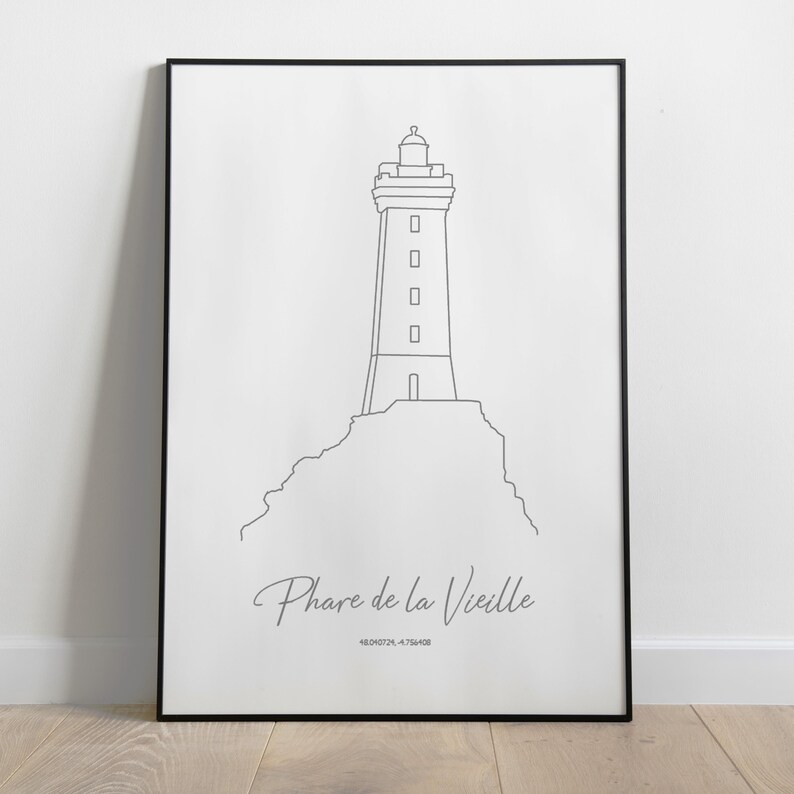 May include: A black and white line drawing of the Phare de la Vieille lighthouse on a white background. The lighthouse is located on a small island and is surrounded by water. The text "Phare de la Vieille" and the coordinates "48.0452&deg;N 4.7544&deg;E" are printed below the lighthouse.
