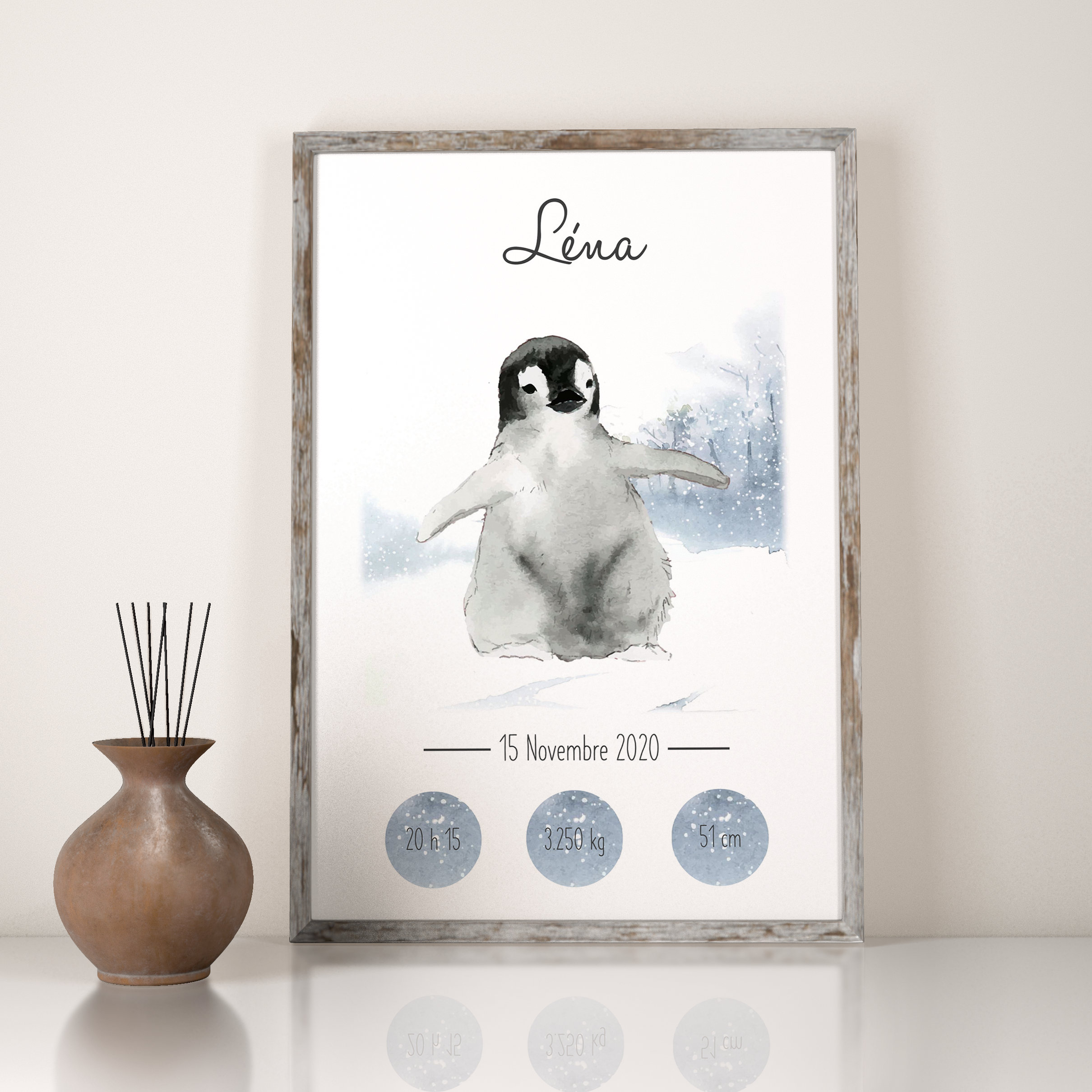 Affiche de Naissance Personnalisé Prénom Bébé Animaux Hiver