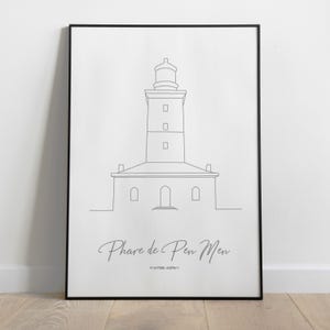 May include: Line art drawing of the Phare de Pen Men lighthouse in Brittany, France. The drawing is in black and white and shows the lighthouse with its surrounding buildings. The text "Phare de Pen Men" and the coordinates "47.47083, 3.50911" are included below the drawing.