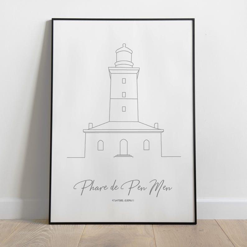 May include: Line art drawing of the Phare de Pen Men lighthouse in Brittany, France. The drawing is in black and white and shows the lighthouse with its surrounding buildings. The text "Phare de Pen Men" and the coordinates "47.47083, 3.50911" are included below the drawing.