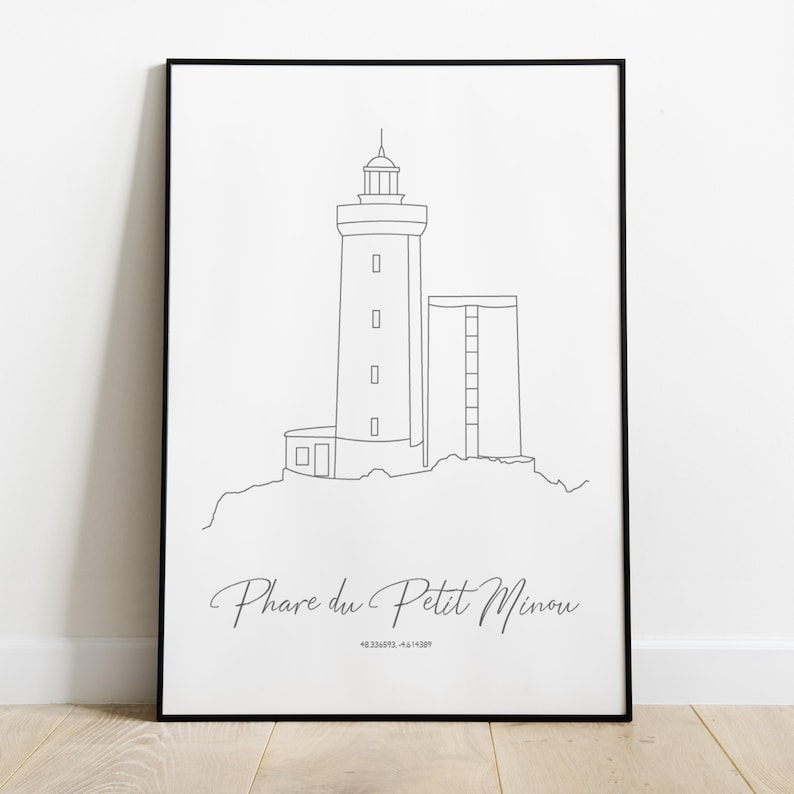 May include: Line art print of a lighthouse with the text "Phare du Petit Minou" and coordinates "48.333972, -4.514389".
