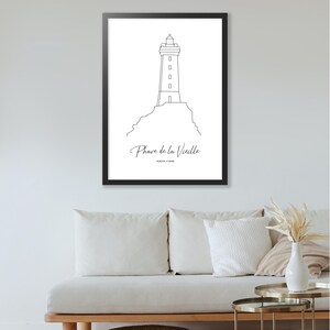 May include: A black and white line drawing of a lighthouse on a cliff, with the text "Phare de la Vieille" below it.