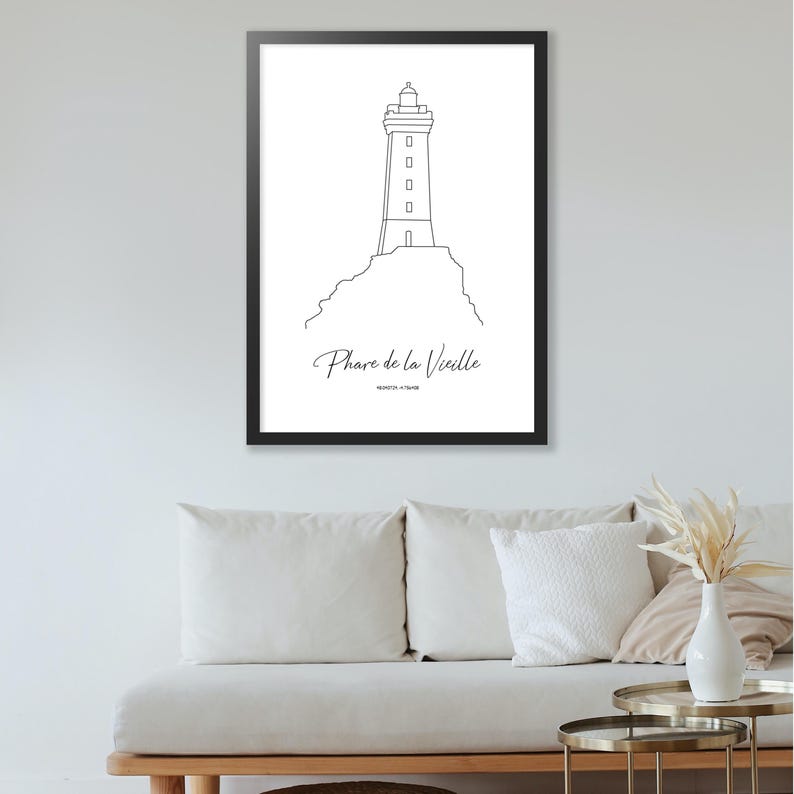 May include: A black and white line drawing of a lighthouse on a cliff, with the text "Phare de la Vieille" below it.