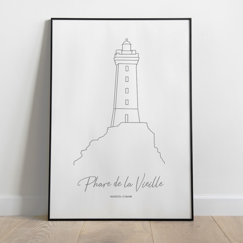 May include: A black and white line drawing of the Phare de la Vieille lighthouse on a white background. The lighthouse is located on a small island and is surrounded by water. The text "Phare de la Vieille" and the coordinates "48.0452&deg;N 4.7544&deg;E" are printed below the lighthouse.