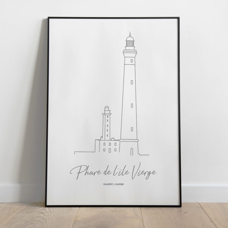 May include: A black and white line drawing of the Phare de l'&Icirc;le Vierge lighthouse in France. The text "Phare de l'&Icirc;le Vierge" is written below the lighthouse.