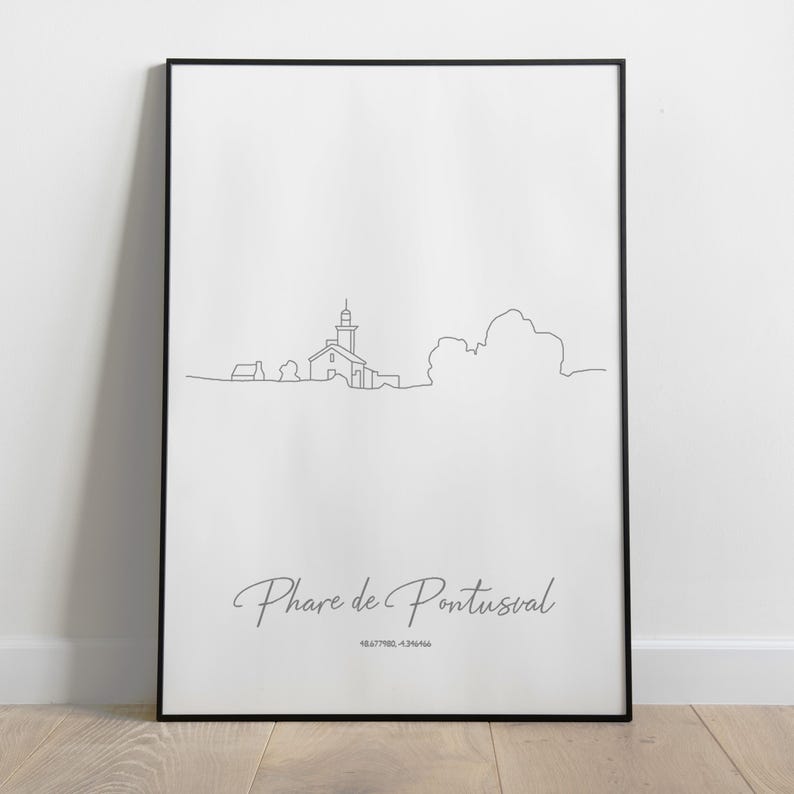 May include: A black and white line drawing of a lighthouse with a small building next to it. The drawing is on a white background with the text "Phare de Pontusval" and "SEATTEE - FINISTERE" below the drawing.