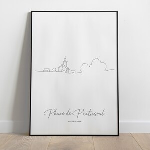 May include: A black and white line drawing of a lighthouse with a small building next to it. The drawing is on a white background with the text "Phare de Pontusval" and "SEATTEE - FINISTERE" below the drawing.