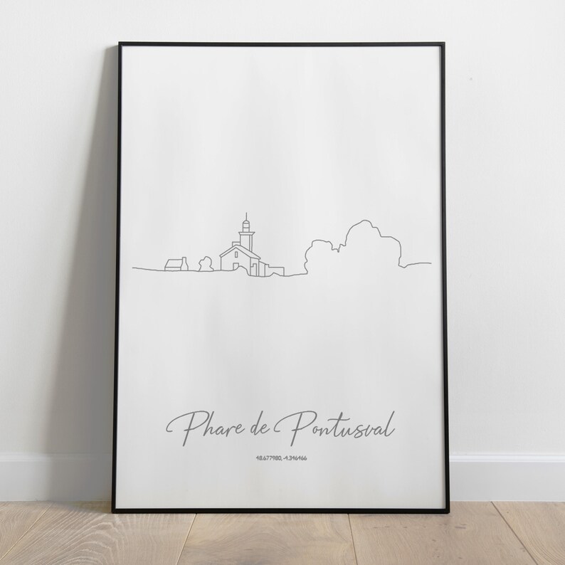 May include: A black and white line drawing of a lighthouse with a small building next to it. The drawing is on a white background with the text "Phare de Pontusval" and "SEATTEE - FINISTERE" below the drawing.