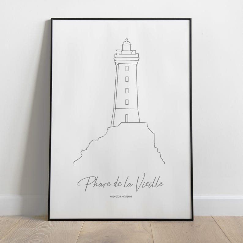 May include: A black and white line drawing of the Phare de la Vieille lighthouse on a white background. The lighthouse is located on a small island and is surrounded by water. The text "Phare de la Vieille" and the coordinates "48.0452&deg;N 4.7544&deg;E" are printed below the lighthouse.