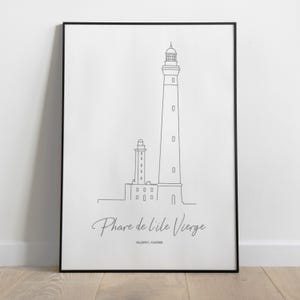 May include: A black and white line drawing of the Phare de l'&Icirc;le Vierge lighthouse in France. The text "Phare de l'&Icirc;le Vierge" is written below the lighthouse.