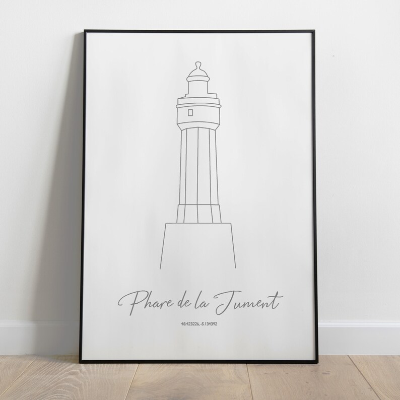 May include: A black and white line drawing of a lighthouse called "Phare de la Jument" with the coordinates 48.4232&deg;N, 4.1349&deg;W.