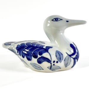 Ceramic Duck Ornament, Vintage Porcelain Blue And White Figurine