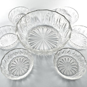 7 Piece Glass Dessert Set, Vintage Reims France 6 Fruit Dishes And Large Fruit Serving Bowl, Stylish French Glassware