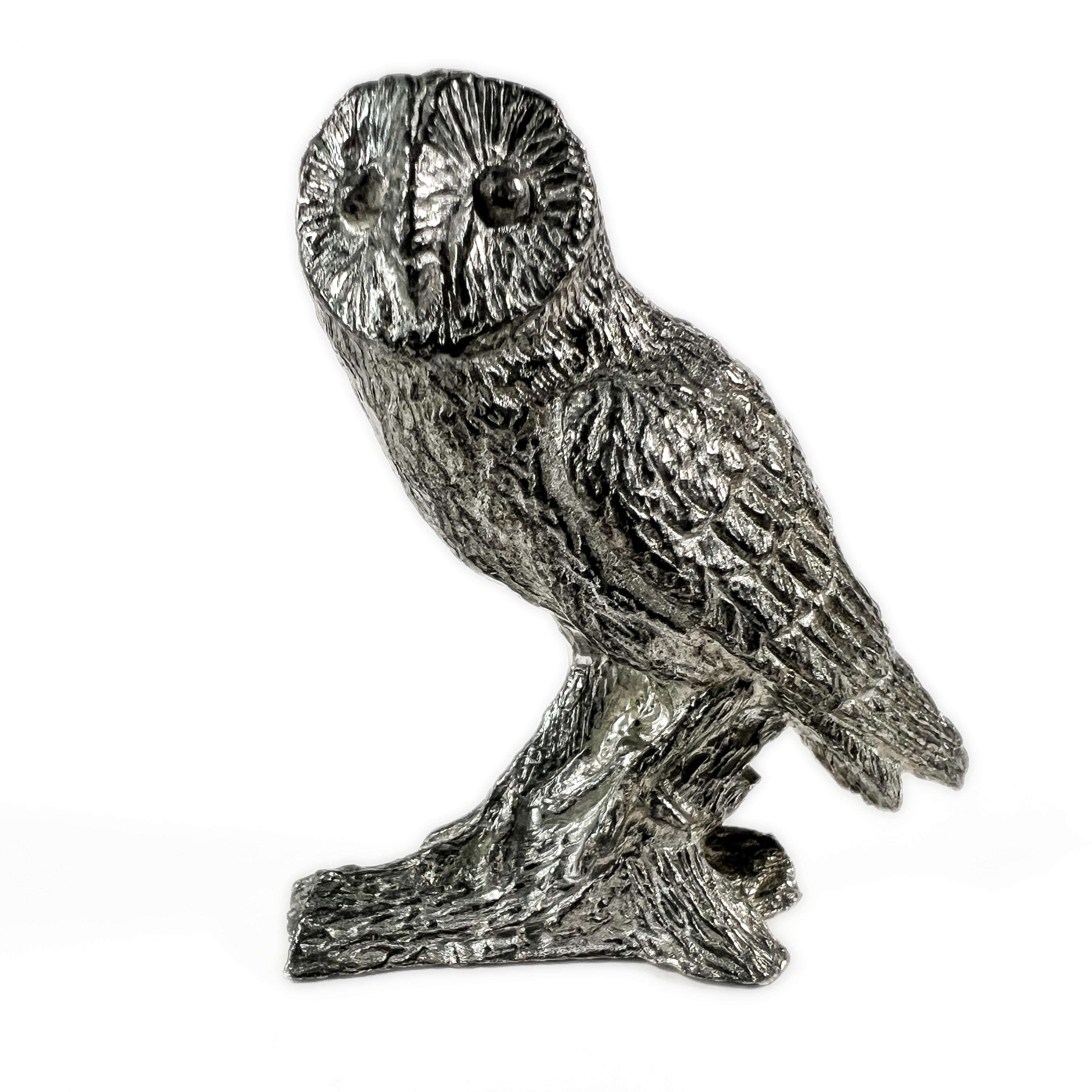 Miniature Barn Owl Figurine, British Pewter Statuette, Vintage Ornament