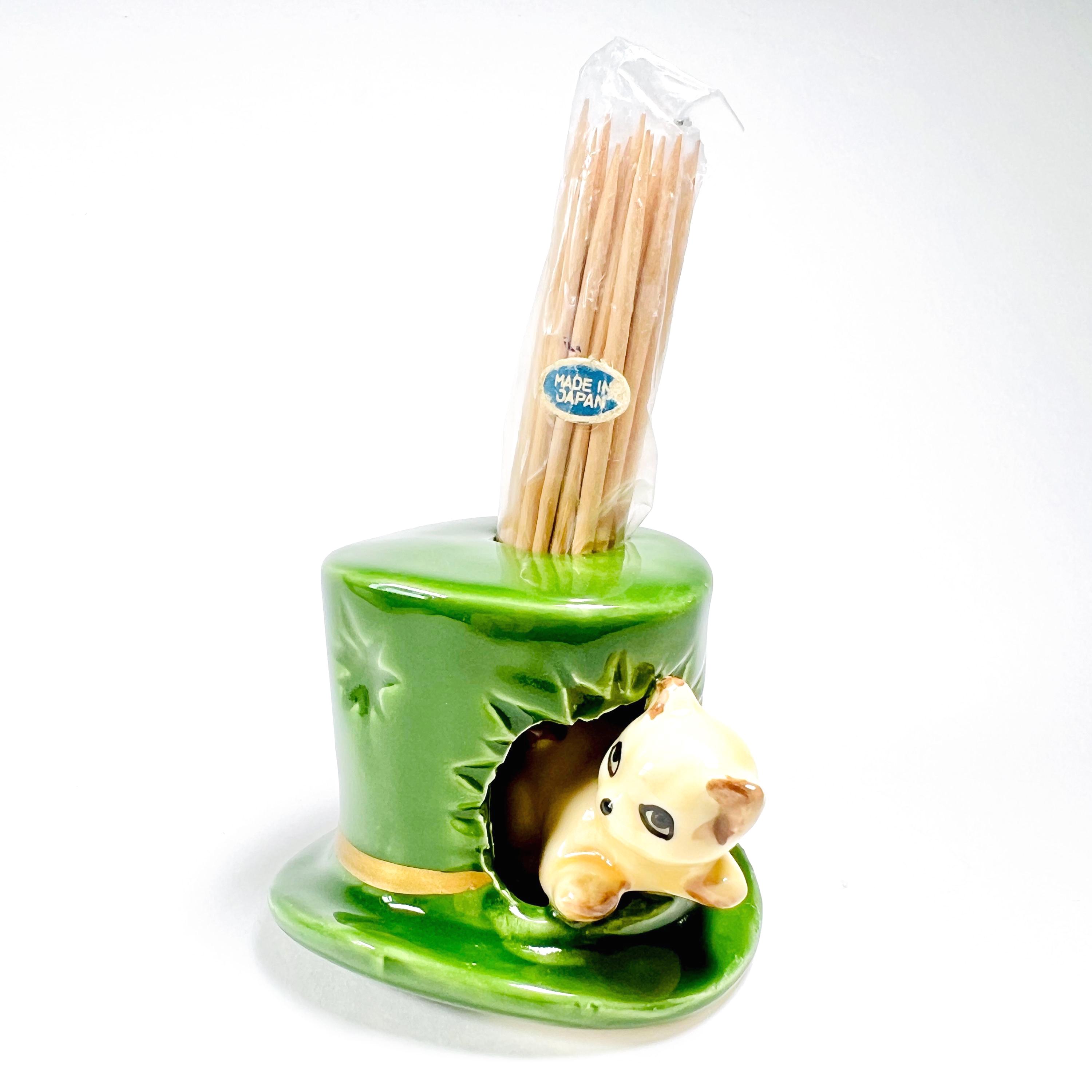 Vintage Ceramic Toothpick Holder, Japanese Cat in the Hat Barware