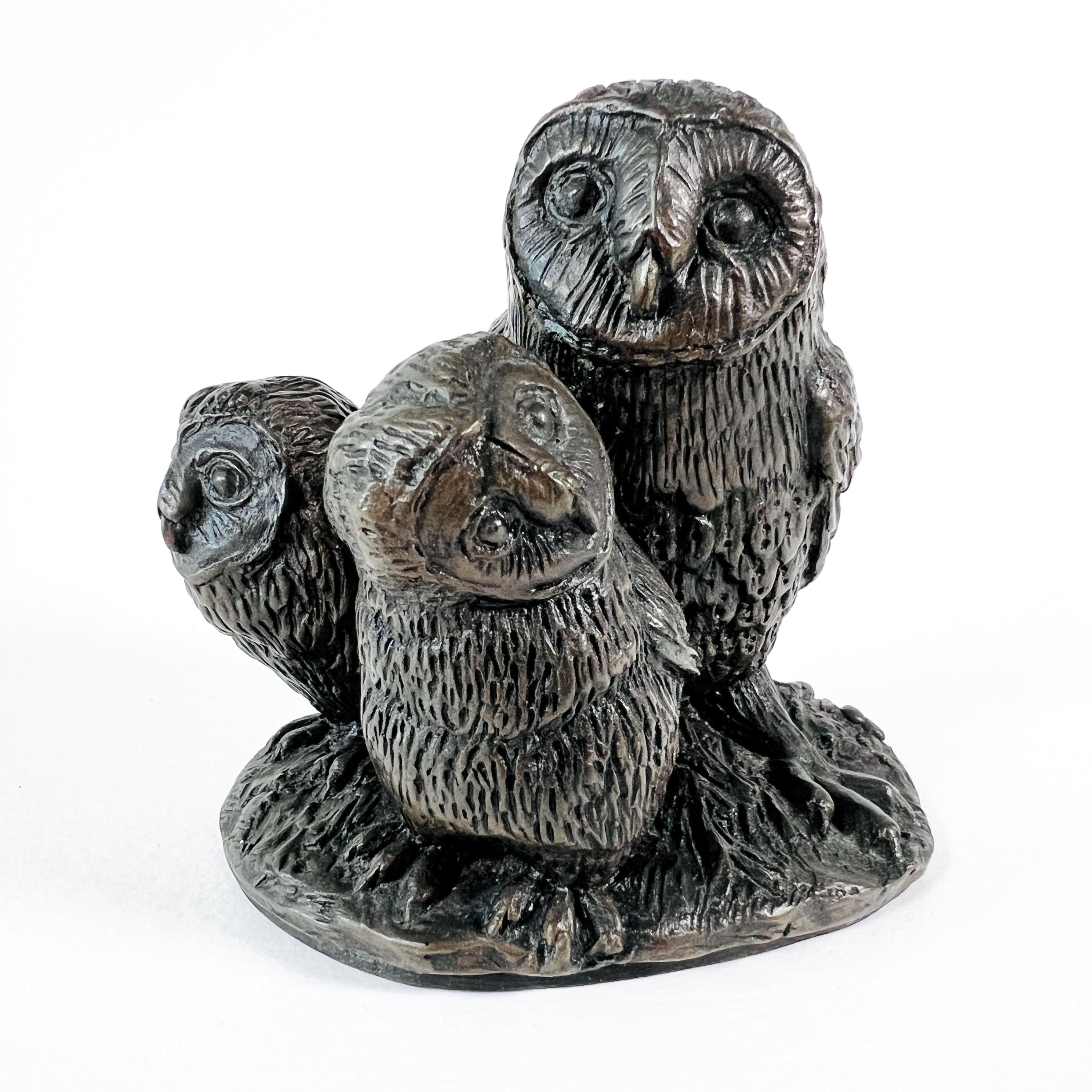 Barn Owl Figurine, Vintage Cold Cast Bronze Ornament, Owlets Trio