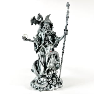 Wizard Fantasy Figurine With Serpent, Baby Dragon, Orb and Staff, Vintage Shudehill Ornament