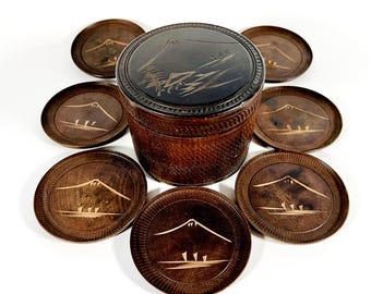 Japanese Wooden Coaster Set, Vintage Boxed 8 Pieces Featuring Mount Fuji