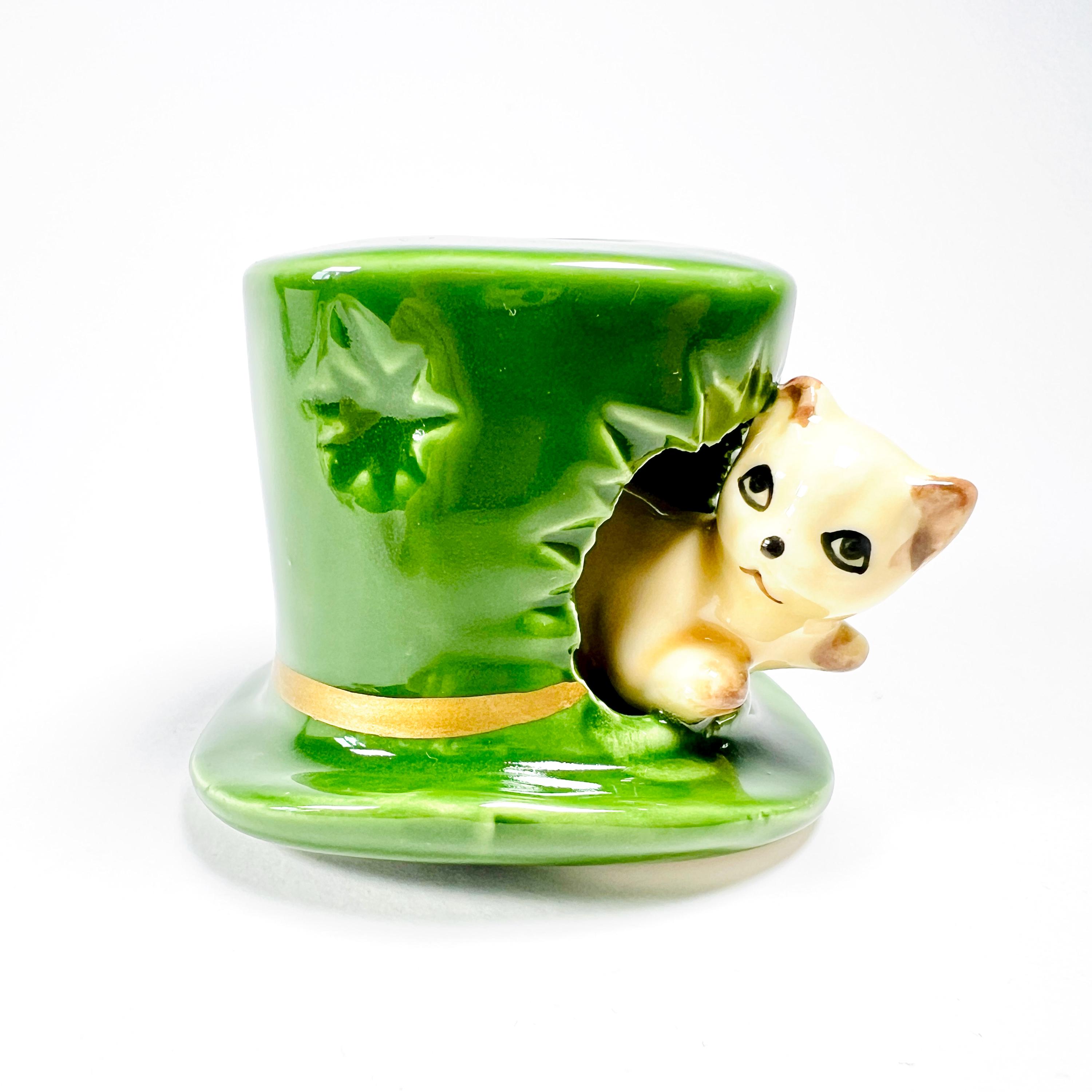 Vintage Ceramic Toothpick Holder, Japanese Cat in the Hat Barware