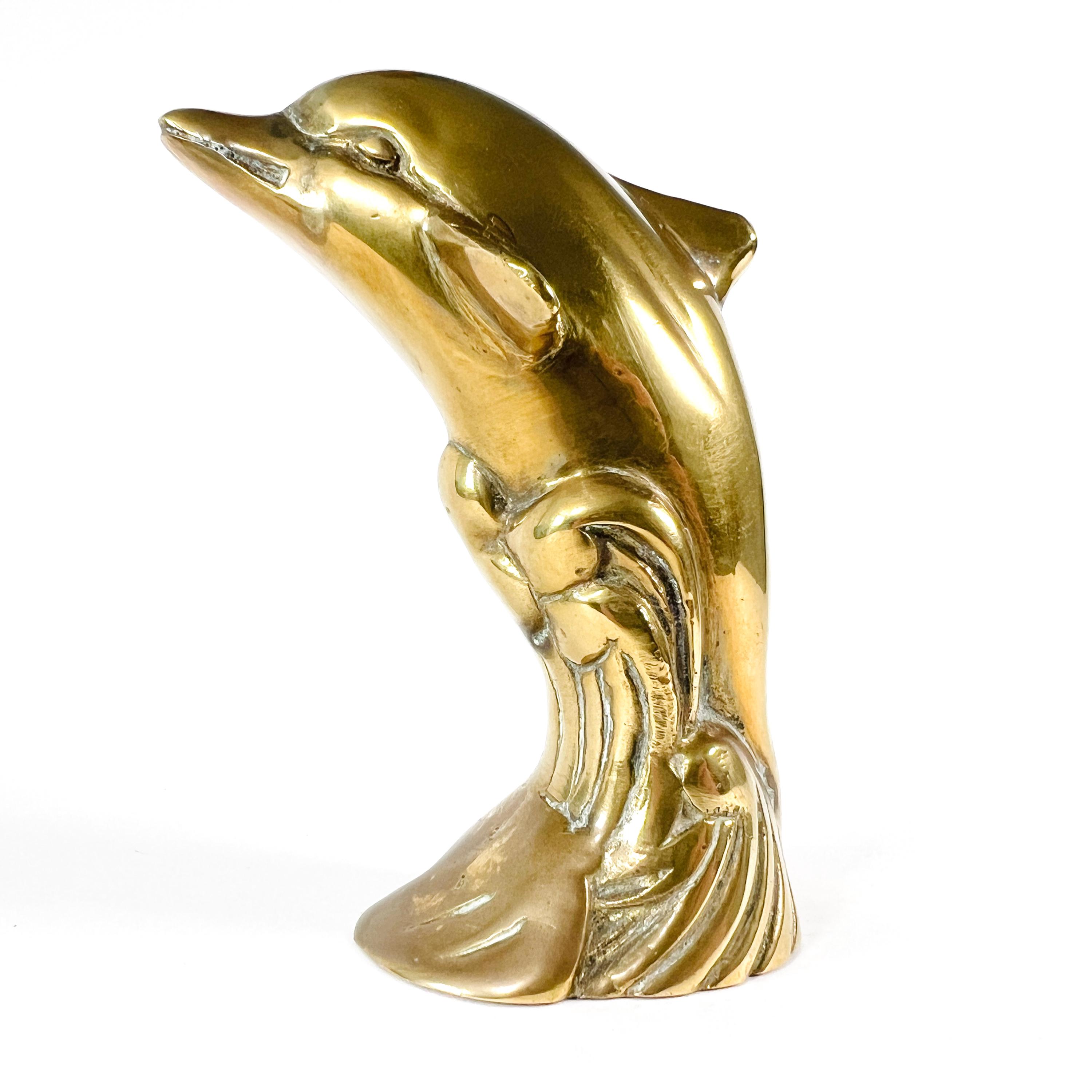 Solid Brass Dolphin Figurine, Vintage Ocean Ornament, Heavy Metal Paperweight