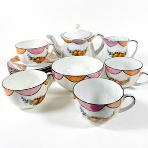 Vintage Japanese Porcelain Tea Set: Fruit Design, Teapot, Cups, Saucers