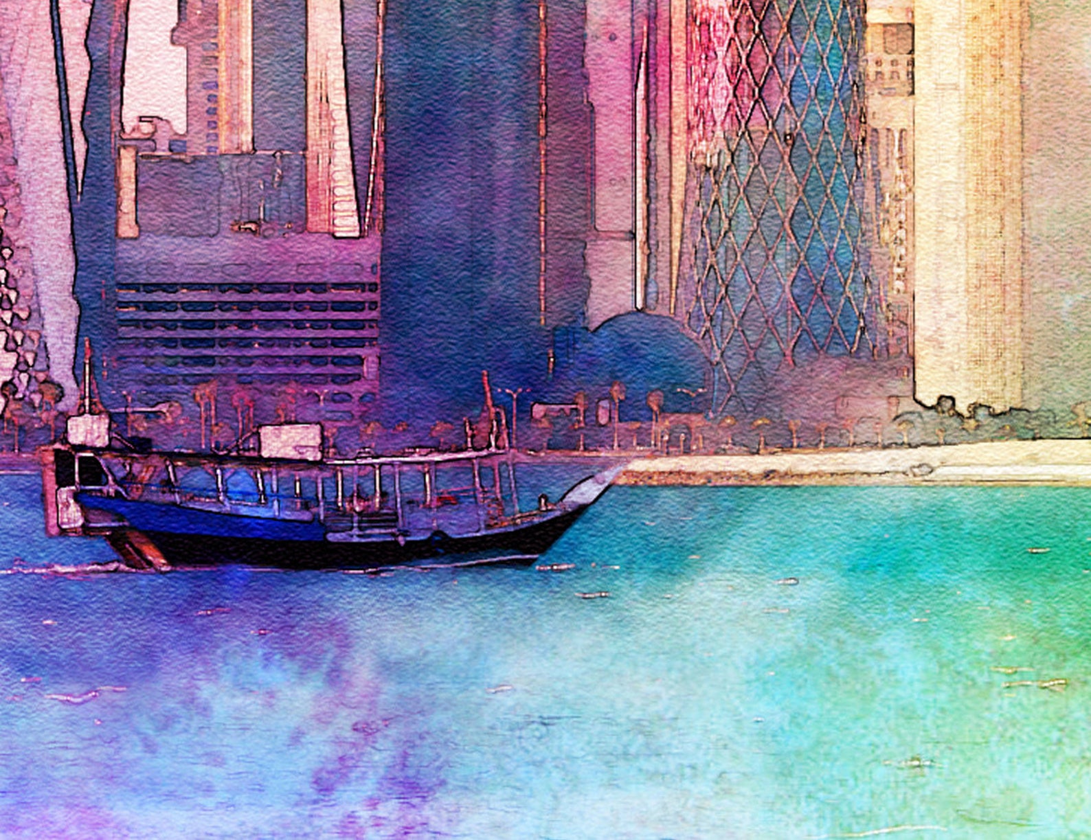 Doha Skyline Watercolor Landscape Painting Printable Wall Etsy