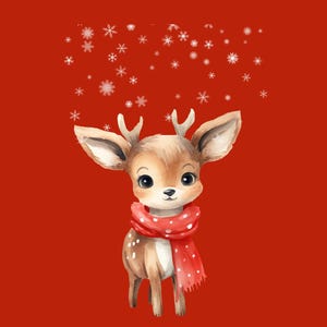carte postale , noel  ,voeux, petit cerf, fete de noel,décors ,cadeaux ,rouge ,féerie, écharpe ,