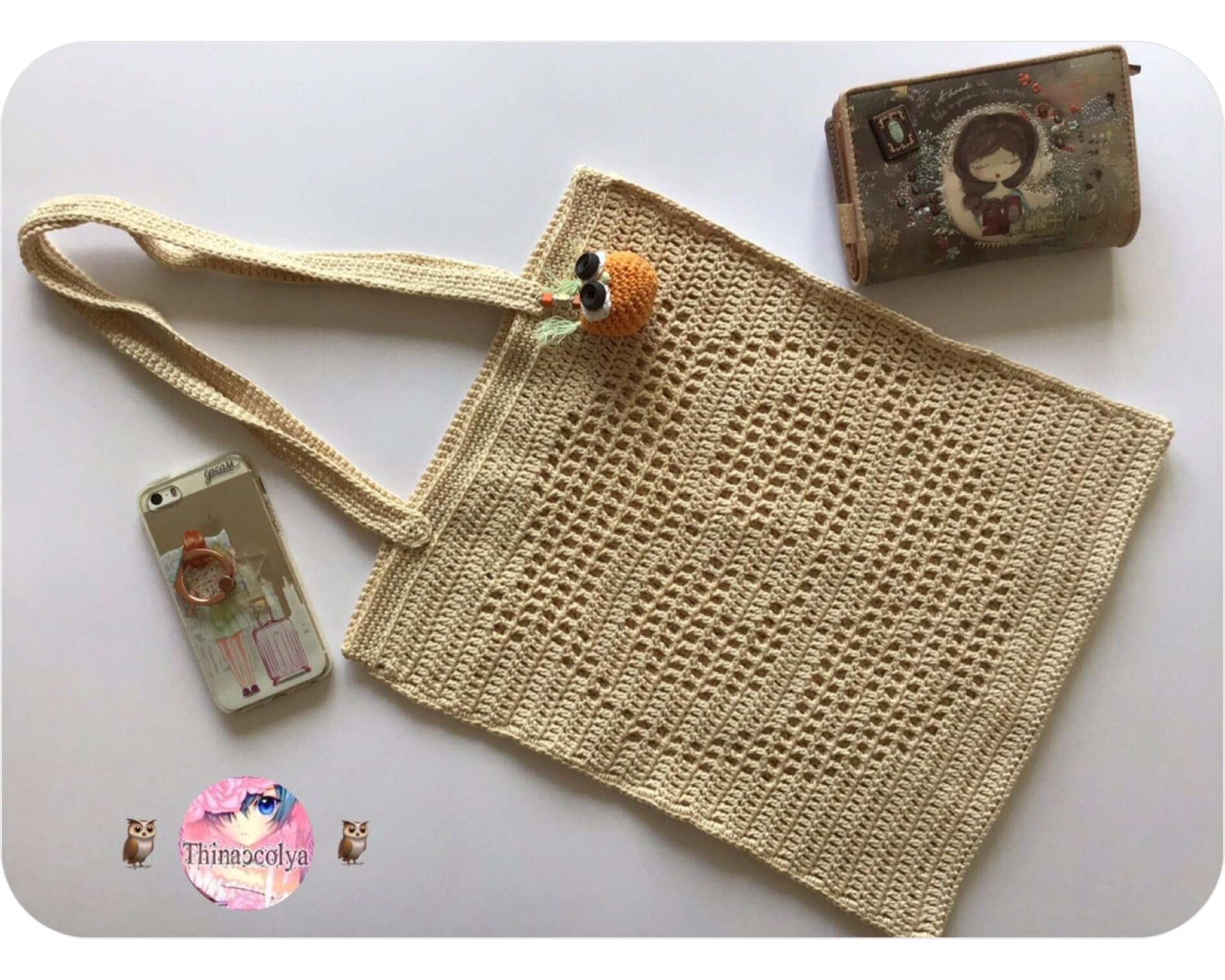 Sac crochet tendance décoration hibou, Tote bag beige, Cadeau femme original fête et an