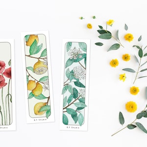 Conjunto de 3 marcadores - Aquarela - Flores e Natureza - Acessórios para livros - Ilustração colorida